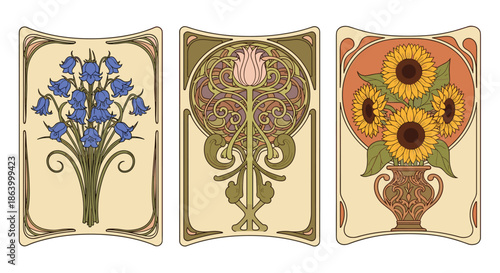 Set of three beautiful Art Nouveau vector panels featuring elegant floral illustrations of bluebells, a tulip, and sunflowers in a vase.