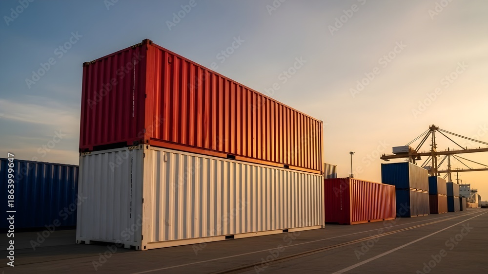 Fototapeta premium Bright Shipping Containers Stacked at Commercial Port in Golden Hour, Symbolizing Global Trade, Logistics, Supply Chain, Freight, Transportation