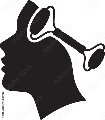 A silhouette of a face in profile flat black vector art with a jade roller being used on the forehead; the roller handles sleek, modern curve