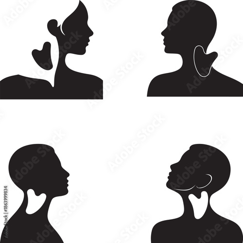 A silhouette focusing on the neck and collarbone flat black vector art, with a Gua Sha tool being pulled upwards in a scraping motion