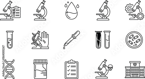 Biotechnology and Medical Research Line Icons Set, Laboratory Vector Symbols for DNA, Blood Sample, Microscope, Chemical Testing, Genetic Engineering, and Modern Hospital Concepts.