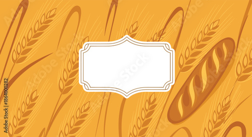 Bakery background template with illustrations of wheat stalks, a baguette, and a blank vintage label for text on a golden backdrop.
