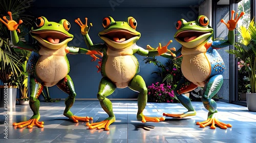 Three cartoon frogs dancing in a vibrant indoor setting