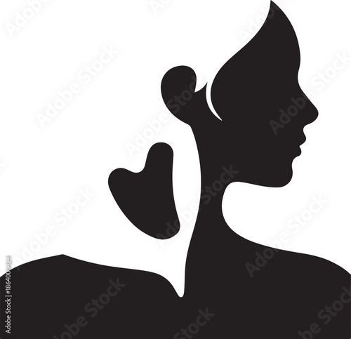 A silhouette the neck and collarbone vector silhouette, with a Gua Sha tool being pulled