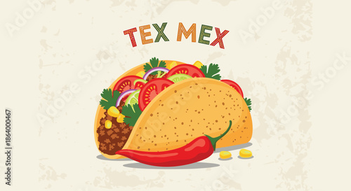 Colorful vector illustration of delicious Mexican tacos with meat and fresh vegetables, featuring Tex Mex typography on a grunge background.