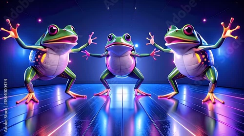 Colorful 3D Frogs Dancing in Futuristic Neon Environment
