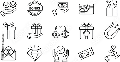 Bonus, Rewards, and Gifts line icons set, present, diamond, ticket, money, magnet, love, offer, and loyalty program symbols.