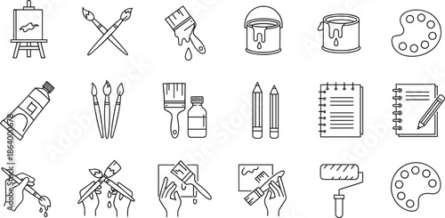 Canvas, Paint Brushes, Color Palette, Pencil, Sketchbook, and Creative Hobby Items Vector Collection.