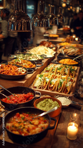Mexican tacos buffet with colorful fillings, fresh ingredients, and vibrant presentation, perfect for food photography, restaurant menu, or festive culinary display