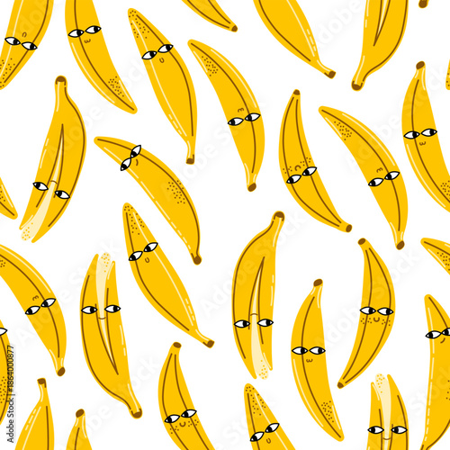Banana character pattern for kids fashion and nursery decor. Playful yellow fruits for funny stationery and summer textiles. Seamless flat background
