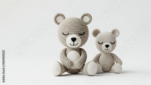 Stuffed teddy bears sitting together in neutral colors on white background. Care and Emotional Support Concept with Cute Knitted Characters  