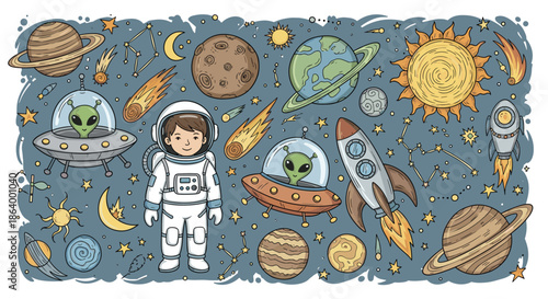 Large collection of colorful, hand-drawn space doodles including an astronaut, aliens, planets, rockets, and stars for kids' designs.