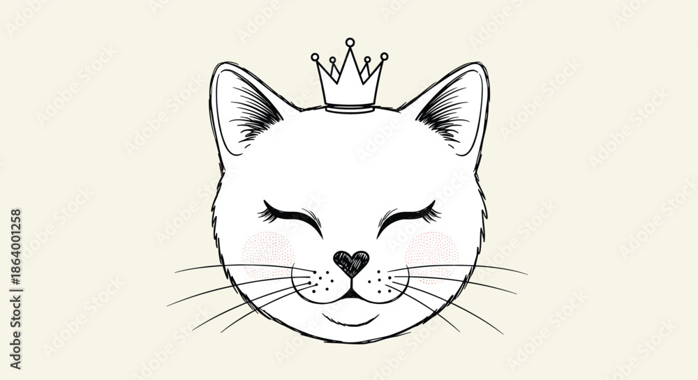 Obraz premium Adorable hand-drawn princess cat face with a little crown, heart nose, and closed eyes, perfect for nursery art or t-shirt prints.
