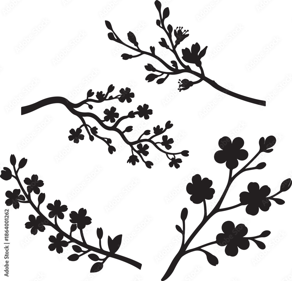 Fototapeta premium Cherry blossoms flowering branch silhouette set vector illustration