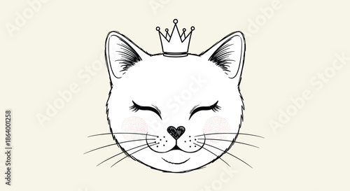Adorable hand-drawn princess cat face with a little crown, heart nose, and closed eyes, perfect for nursery art or t-shirt prints.