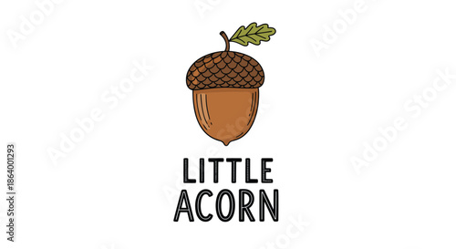 Charming hand-drawn illustration of a little acorn with an oak leaf and cute typography, perfect for a nursery or autumn design.