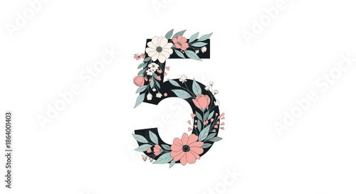 Beautiful floral number five decorated with an elegant arrangement of pink and white flowers and leaves for a special occasion.