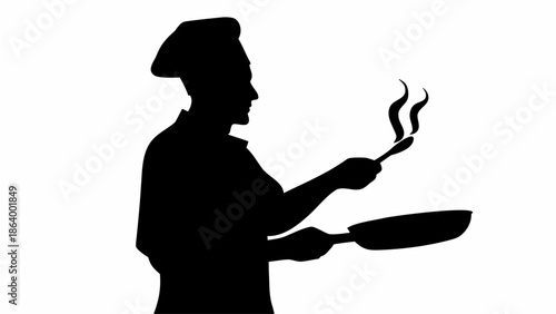 Chef cooking with a frying pan and utensil in hand