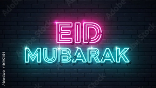 Neon Light Eid Mubarak Sign on Brick Wall Vector Background