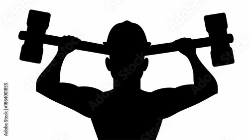 Silhouette of strong man lifting heavy dumbbell weights