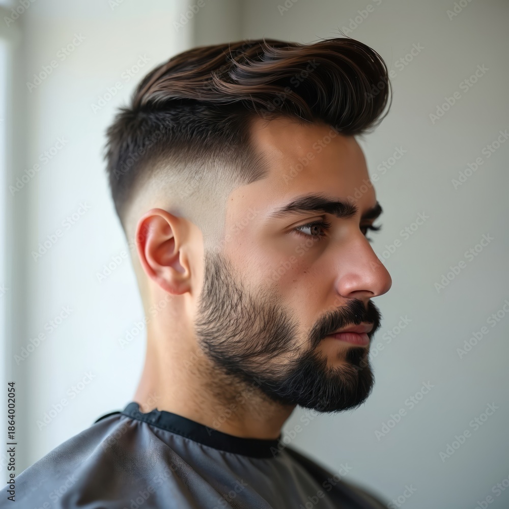 Obraz premium Man with short fade haircut and beard posing. He has stylish groomed hair and facial hair. Man wears barber cape in salon. Closeup profile shot of attractive male.