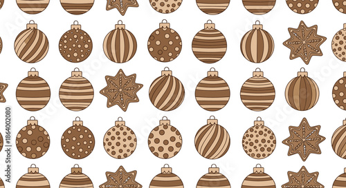 Seamless Christmas pattern with decorative holiday ornaments and stars in various shades of brown for a rustic, monochrome design.