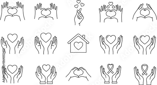 Heart Hands, Donation, Volunteer Support, Home Sweet Home, Help Symbol, Relationship, and Awareness Ribbon Vector Collection.
