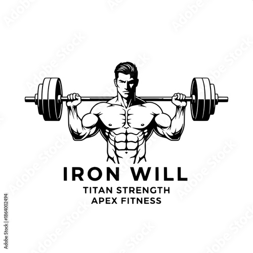 “Minimalist black and white fitness logo featuring a strong muscular man with dark hair holding a barbell, sharp line art, defined anatomy, shadowed face, centered composition, modern gym branding, wh