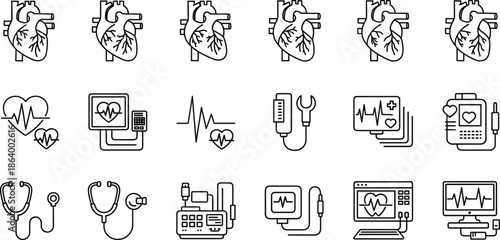 Human Anatomy, Electrocardiogram (ECG), Stethoscope, Defibrillator, and Monitoring Devices Vector Collection.