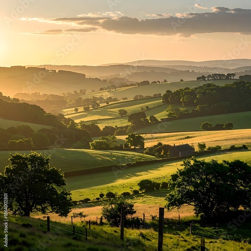 Rolling hills bathed in golden sunlight, creating a serene and tranquil landscape with layers of valleys and greenery