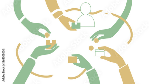 Hands exchanging coins and boxes, representing charity and community support, minimalist abstract illustration