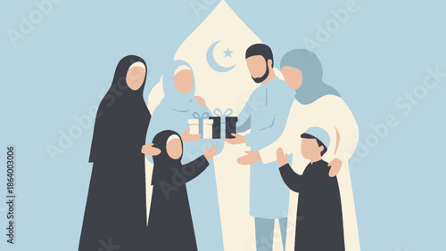 Muslim family exchanging gifts during a festive celebration, Islamic crescent and star emblem in the background