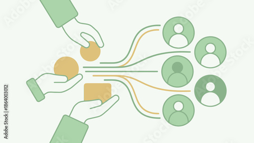 Conceptual illustration of resources being distributed to multiple recipients, abstract representation of sharing and community, teamwork and collective effort visualized