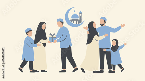 Muslim family celebrating Eid with gifts and hugs, Islamic crescent moon and mosque in the background