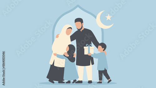 Illustration of a Muslim family celebrating, A happy Islamic family sharing gifts during a festive occasion