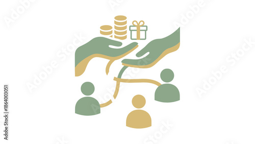 Hands exchanging coins and boxes, representing charity and community support, minimalist abstract illustration