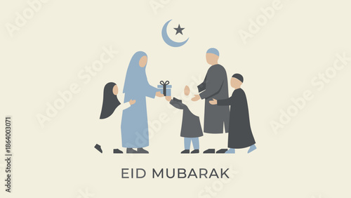 A Muslim family exchanging gifts during Eid al-Fitr celebrations, featuring children receiving presents from parents and elders with a crescent moon and star symbol above