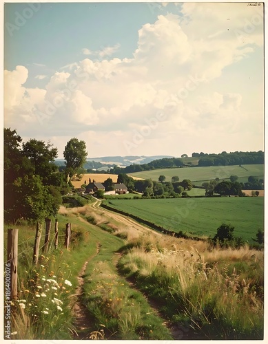 Rolling hills, grassy path, & scattered trees create a serene rural landscape under a partly cloudy summer sky