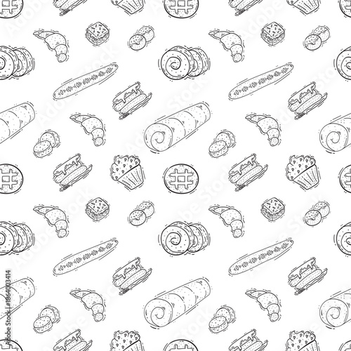 hand drawn bread seamless pattern in doodle style