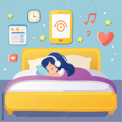 Sommeil Apaisé avec Casque Audio : Illustration Moderne du Bien-Être Nocturne, jeune fille