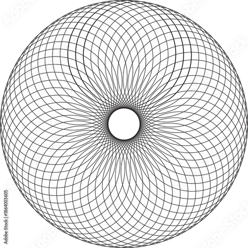 Black Spirograph geometric pattern with central circle on white background abstract