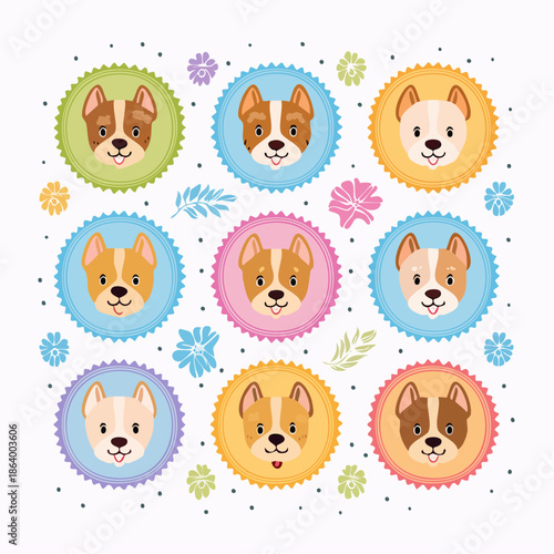 Illustration colorée de visages de chiens cartoon dans un style ludique et enfantin, pack