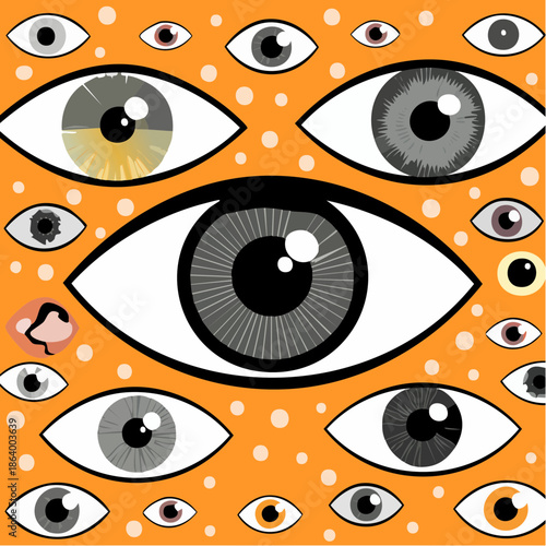 Collage Surréaliste d'Yeux sur Fond Orange