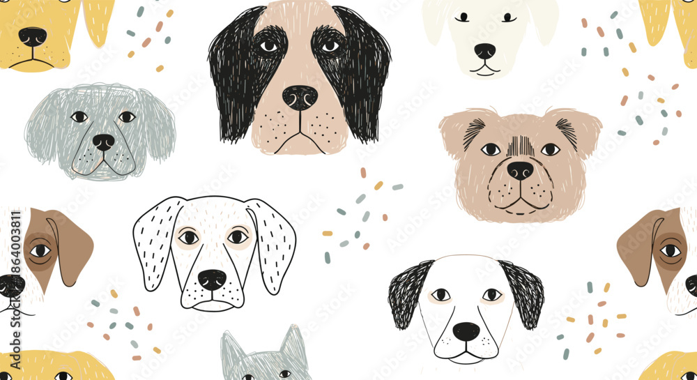 Fototapeta premium Seamless pattern with cute, hand-drawn dog faces in a sketchy style, featuring various breeds and colorful confetti on a white background.