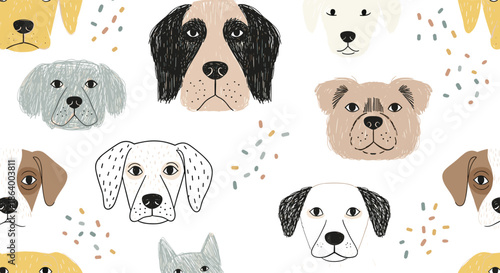 Seamless pattern with cute, hand-drawn dog faces in a sketchy style, featuring various breeds and colorful confetti on a white background.