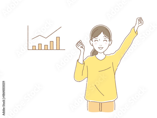 株価上昇チャートとガッツポーズをする笑顔の女性、投資の成功と資産運用のイラスト