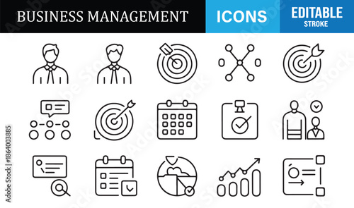Editable business management outline icons for dashboards and UI