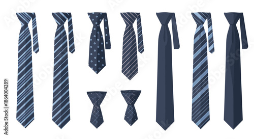 Assortment of classic blue neckties featuring various patterns like stripes and dots for formal business attire and professional fashion.