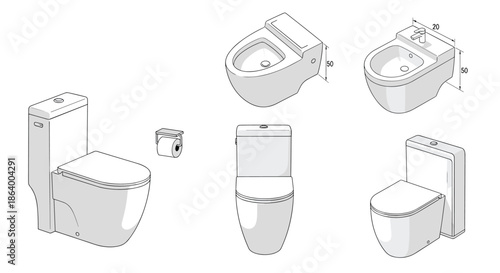 Collection of various modern bathroom toilet designs and a bidet showing different mounting styles and shapes in a clean line art.