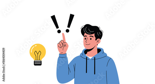 Inspired young man in a blue hoodie pointing up as he has a creative idea illustrated by a glowing light bulb and exclamation marks.